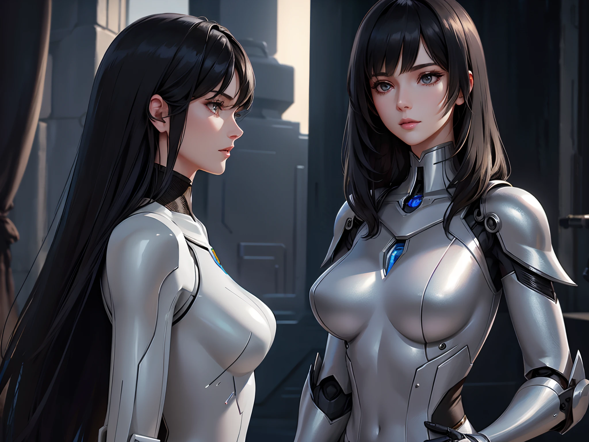 ((Masterpiece, top quality, high resolution)), ((highly detailed CG unified 8K wallpaper)), (huge stunning goddess shot, very hot and sexy, jaw-dropping beauty, perfect proportions, beautiful body, slim body beauty:1.1), cryptic girl, (2 Girls ,Black clothes, White clothes, Black short Hair, purple long hair, fight side by side), (A girl with long purple hair in a braid and short black hair), biomechanical oppai, cybersuits, wearing shiny breastplate, shiny plastic armor, oppai cyberpunk, twintails white_gloves, shiny hi tech armor, black-white skintight suits, wearing techwear and armor, black shiny armor, Armor on bare skin, long gloves, Bare shoulders, black miniskirt, thighs, shiny armor, dynamic pose. two girls hugging in locker room,