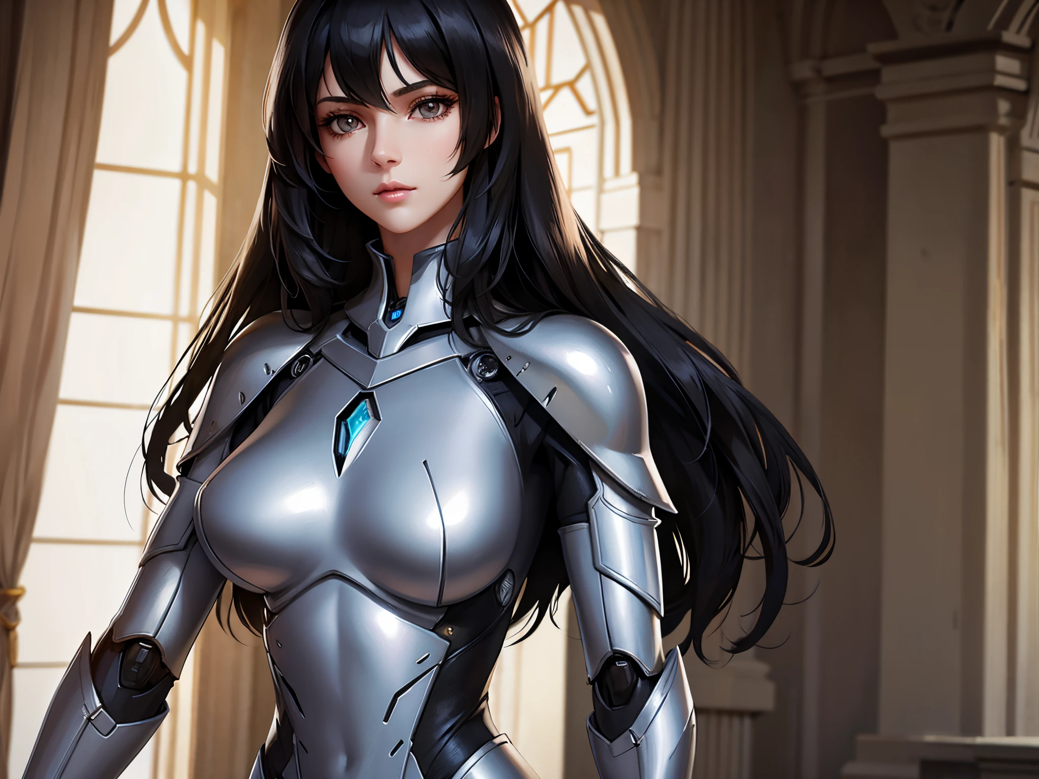 beautiful tall woman,Wearing robot armor,With ultra-realistic and detailed black hair