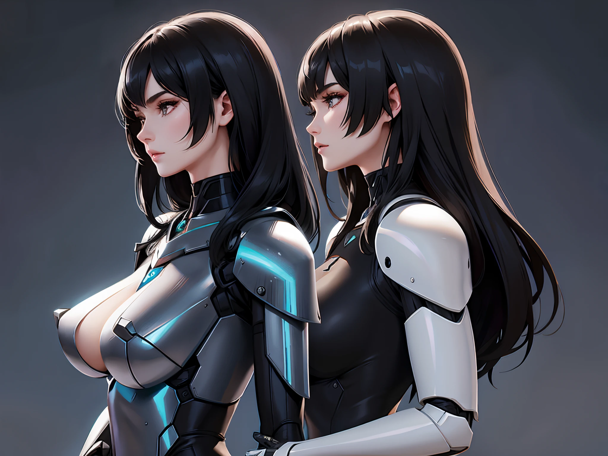 Beautiful tall woman,Wearing robot armor,With ultra-realistic and detailed black hair