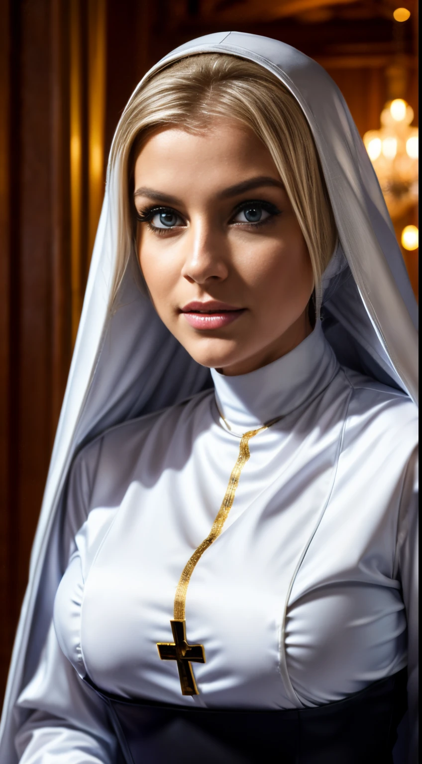 Beautiful blonde with big breasts in a nun&#39;s habit (Sitting in a pew in a dark church),Wearing headphones,Very detailed, 21 years old, Innocent face, Naturally Wavy Hair, blue eyes, High resolution, masterpiece, Highest quality, Intricate details, Very detailed, Clear focus, Delicate skin, practical skin texture, texture, Delicate eyes, Professional, 4K, Sad crying face, Shot with Canon, 85mm, Shallow and deep,  Kodak Vision Color, Exactly, Very detailed, photograph_\(Extremist\), photographpractical, practical, Post-processing, Maximum details, Roughness, Real Life, Extremist practical, Photorealism, photographgraphy, 8K Ultra HD, photographgraphy