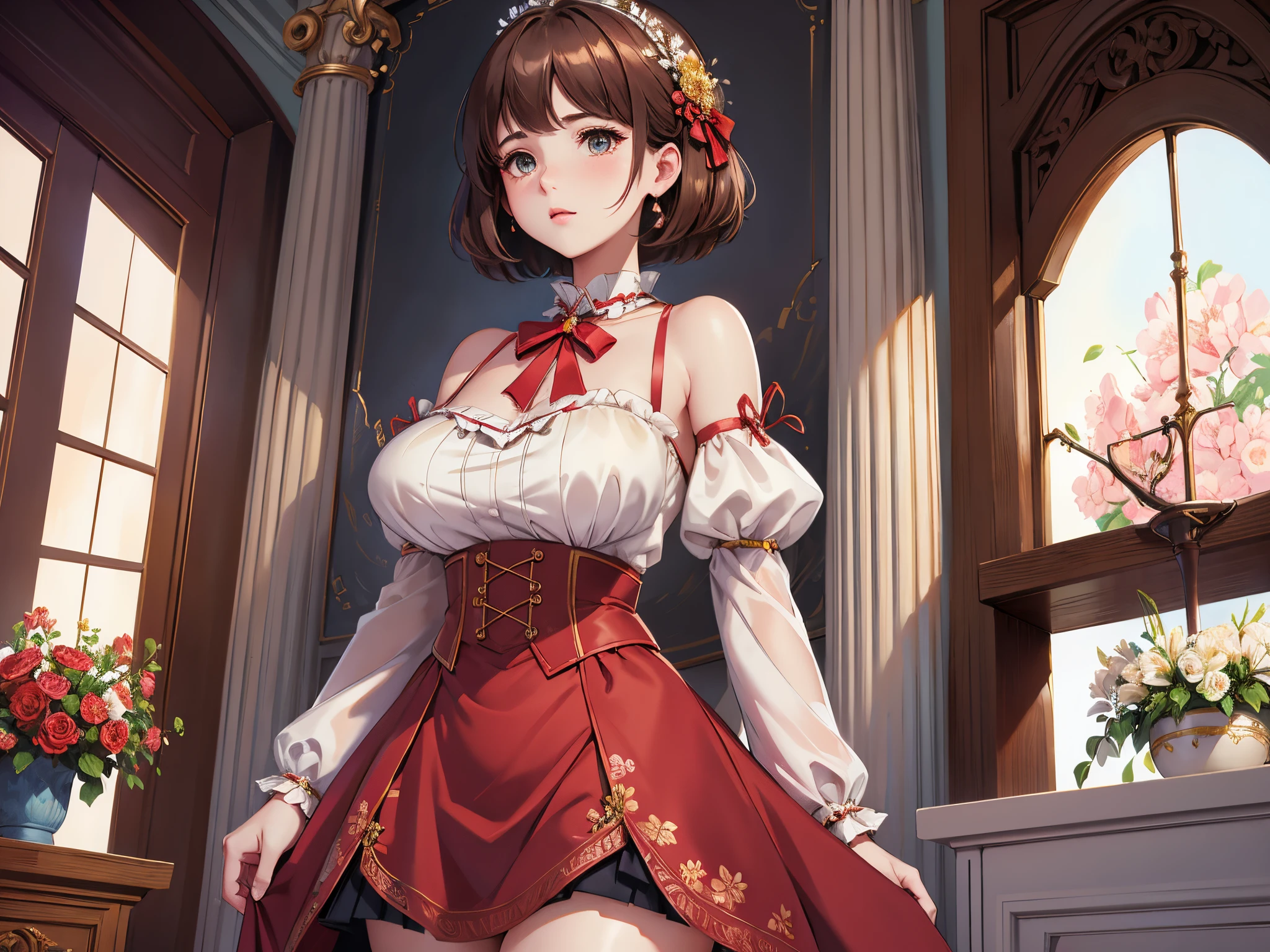 (Best quality at best, tmasterpiece), 1个Giant Breast Girl, Complicated details, cropped shoulders, a skirt, Collar, decor, , looking at viewert, Be red in the face, The upper part of the body, vague background, Floral, Comparative