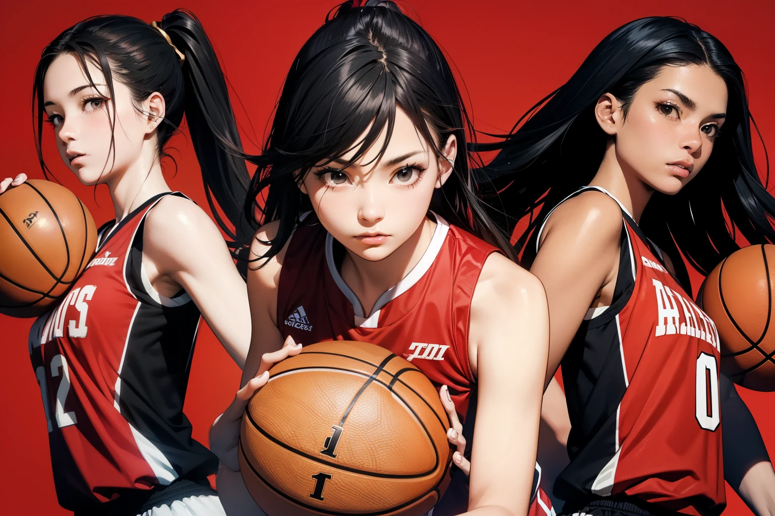 (masterpiece), (best quality), high resolution, ultra detail, photorealistic, 8K, female basketball player, playing basketball, black hair, black eyes, dynamic pose, 3girls, red background,