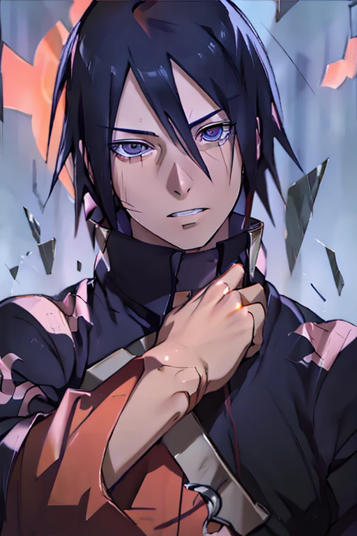 Hyperrealistic version of Pain, rinnegan eyes purple orange hair