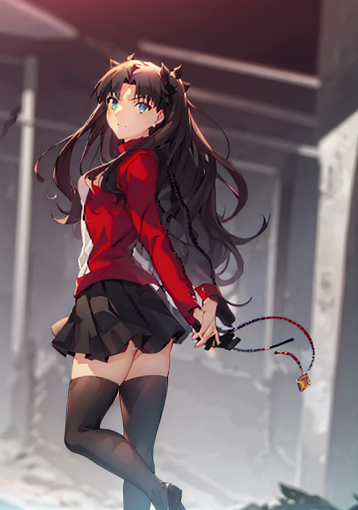 masterpiece, top-quality, perfect hand, Perfect fingers, 1girl in, tohsaka-rin, 独奏, The long-haired, thighs thighs thighs thighs, Black skirt, blue eyess, twosideup, A dark-haired, Black stockings, Red Turtleneck Shirt, Look at viewers