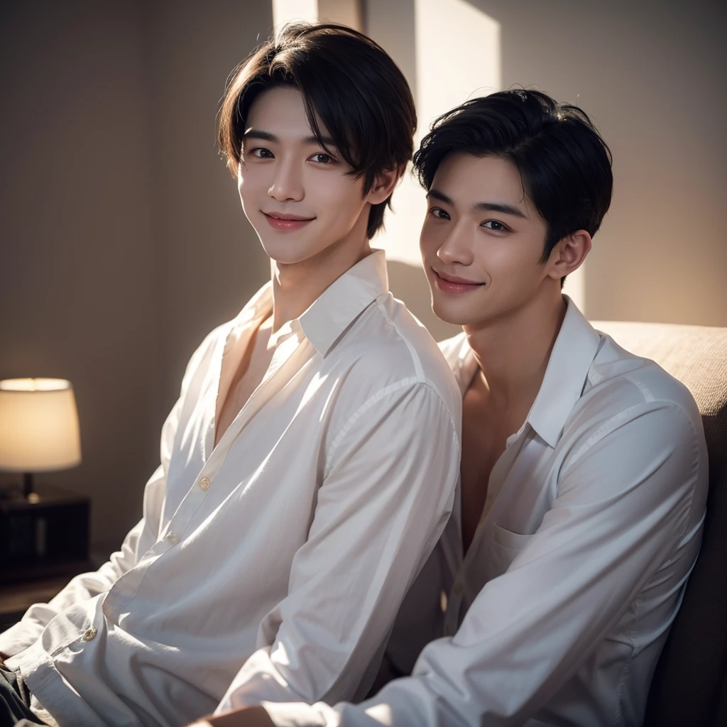 a handsome,Young men, Realistic and exactly the same short black hair , realistic outfit ,Realistic light, realistic shadow, Realism, Hyper realistic,(Photorealistic:1.2), normal small eyes,a smile