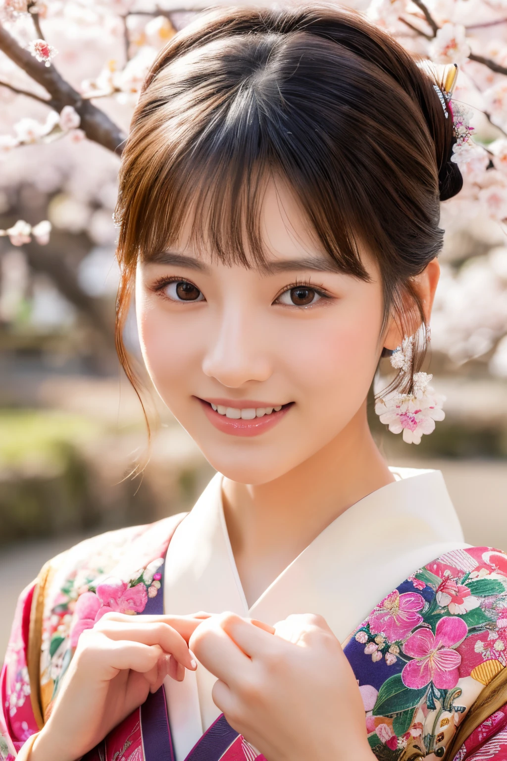 best quality, realistic, detailed, Japanese woman, realistic skin texture with visible pores, existing in reality, vivid colors, studio lighting, traditional Japanese art styles, elegant kimono, serene garden setting, cherry blossom, graceful pose, intricate hair accessories, delicate makeup, captivating eyes, gentle smile, traditional tea ceremony, peaceful atmosphere