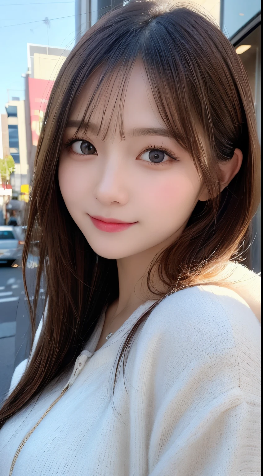 masutepiece, Best Quality, Illustration, Ultra-detailed, finely detail, hight resolution, 8K Wallpaper, Perfect dynamic composition, Beautiful detailed eyes, fluffy winter clothes,Medium Hair,Small breasts natural color lip, Bold sexy poses,Smile,Harajuku、20 years girl、Cute、Sexy shot looking at camera,Blur the background,Perfect and beautiful face,Take only the face,beautiful and detailed face