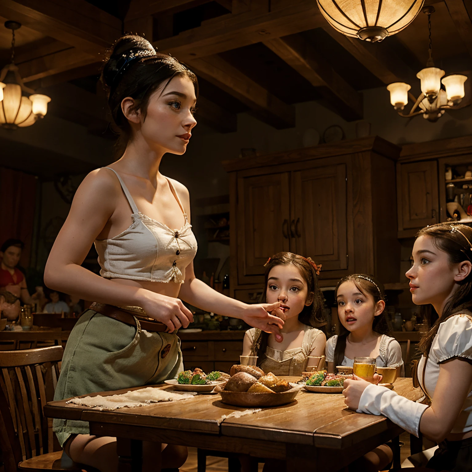 A pixar stlye image of modern snow whites dwarfs meeting with famous looney toons in the last suppers table
