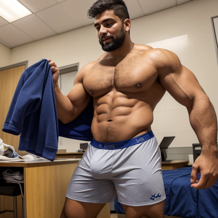 Profesor latino mostrando su ropa interior a 2 alumnos ,en boxers, con bulto grande en la entrepierna ,imagen realista