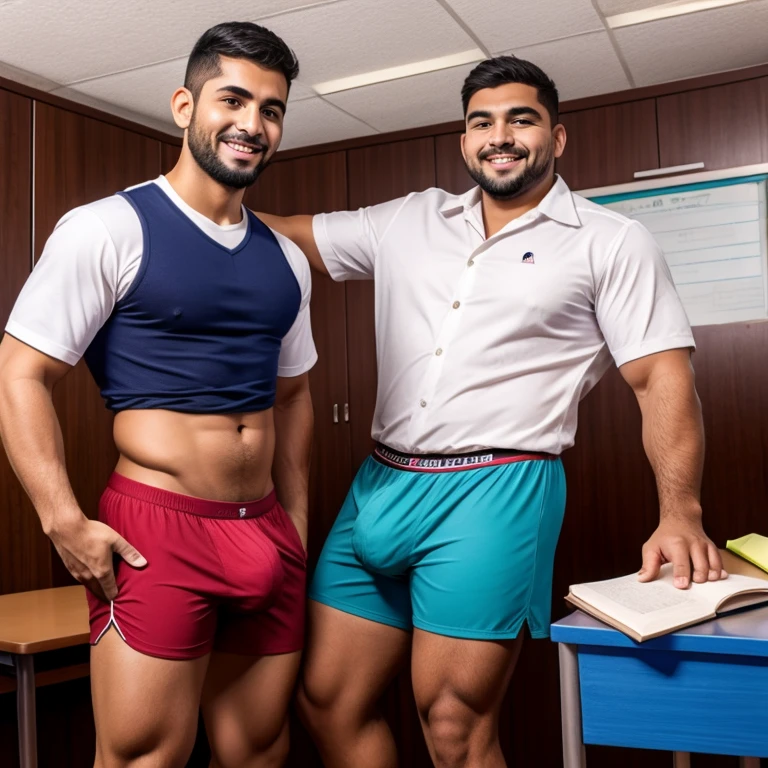 Profesor latino mostrando su ropa interior a 2 alumnos ,en boxers, con bulto grande en la entrepierna ,imagen realista