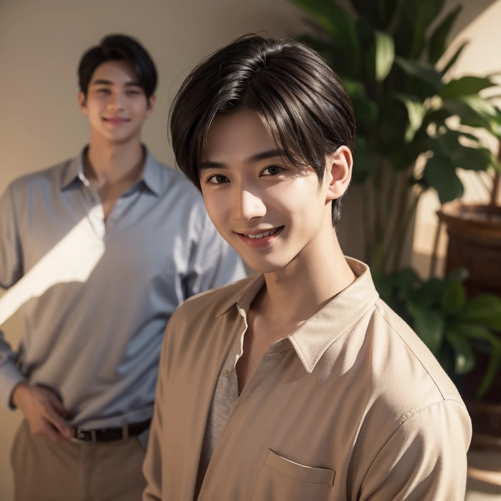 a handsome,Young men, Realistic and exactly the same short black hair , realistic outfit ,Realistic light, realistic shadow, Realism, Hyper realistic,(Photorealistic:1.2), normal small eyes,a smile