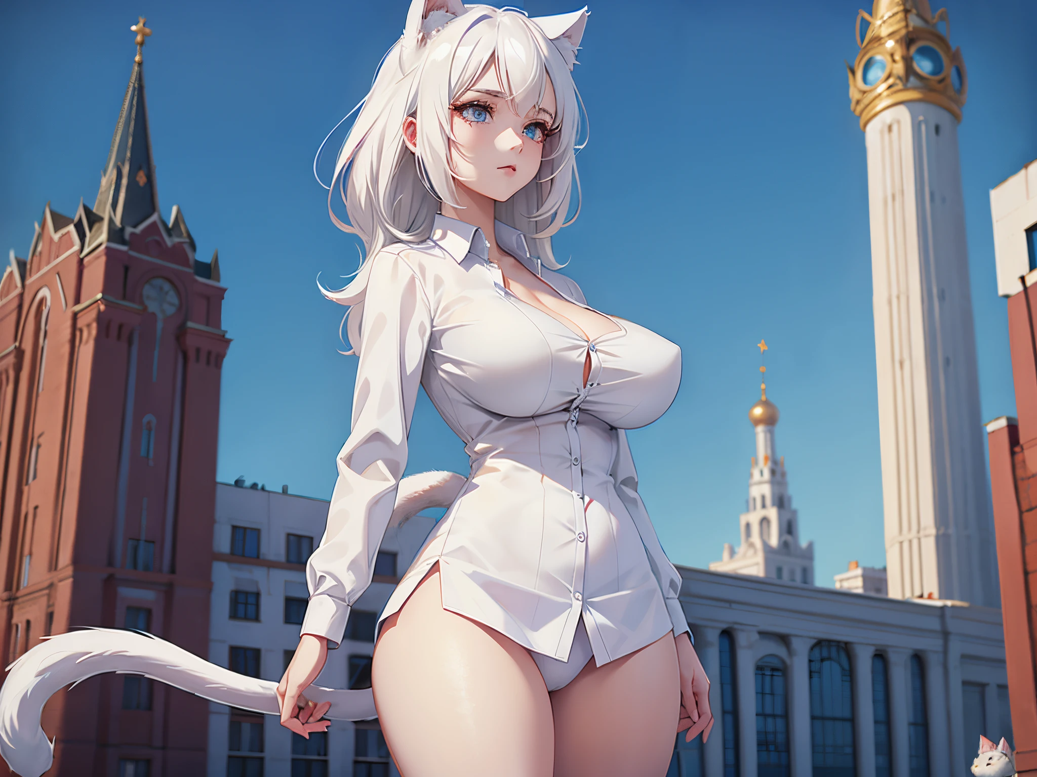 1个Giant Breast Girl, It will be, looking at viewert, White hair, Nothing, Cat ears, a cat tail, white shirt, Open your clothes, russian city, Babaizi