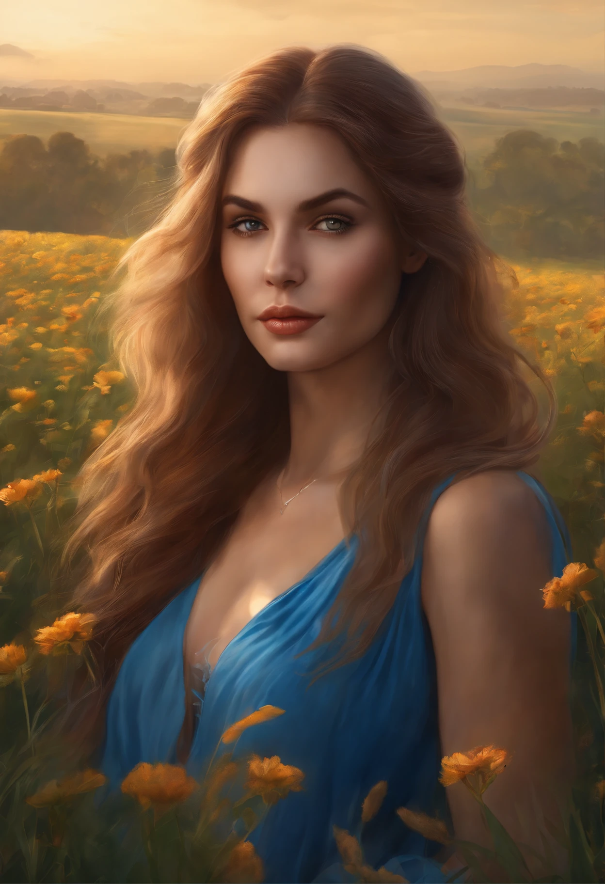 Arafed woman with long hair and blue dress in a field, gorgeous digital painting, beautiful digital painting, beautiful digital artwork, Stunning digital painting, beautiful fantasy art portrait, DeviantArt ArtStation CGSCOSIETY, stunning digital illustration, realistic 4k digital art, realistic 4k digital art, gorgeous digital art, beautiful character painting, beautiful digital illustration, realistic art style