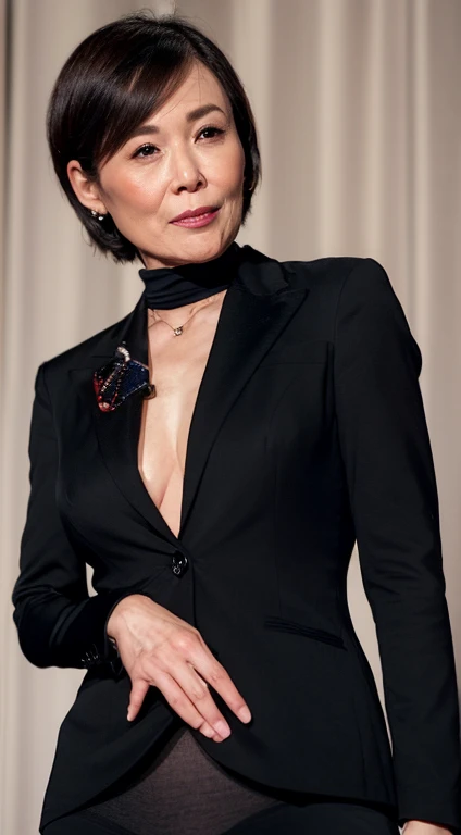 Perfect Anatomy, (((Staring at this:1.3))), Extremely detailed, ((Perfect fingertip)), Straight front angle, A MILF, ((masutepiece)), top-quality, high-level image quality,16 K, (Emphasis on the chest), (Middle-aged woman in a business suit and black pantyhose), Saggy udder, 65 years old,