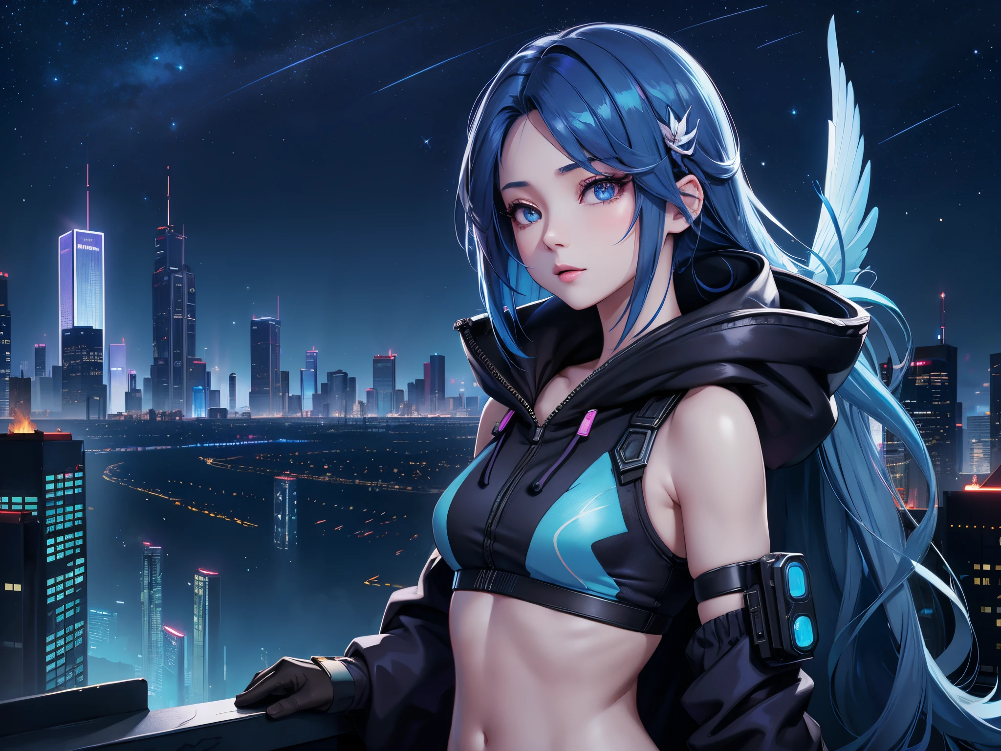 (tmasterpiece), Best quality at best, 超高分辨率,, Cyberpunk 1girl flies over stunning cityscapes ,hoody,Blue hair, neon color shooting stars, Very long hair, cropped shoulders, feathers hair ornament, neon colored, twinkle, stunning night sky, 电影灯光, realisticlying, Realistic skin, HighDynamicRange,fish eye