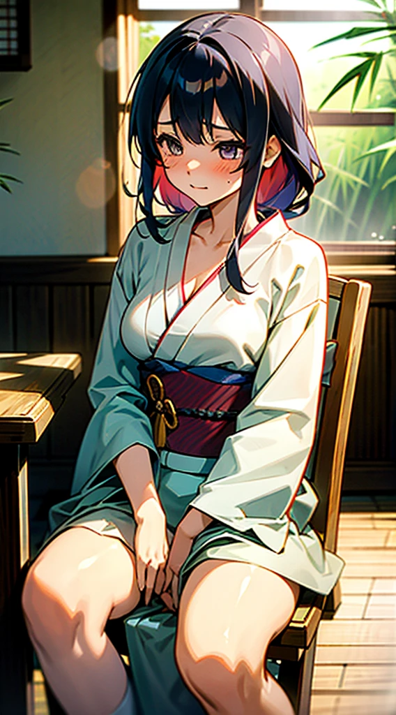 Japanese-style kimono, A cute girl around 18 years old, Her kimono is exposed and her breasts are peeking out., sitting on a bamboo chair, blushing cheeks, Japanese-style interior, The sunlight is shining through the window