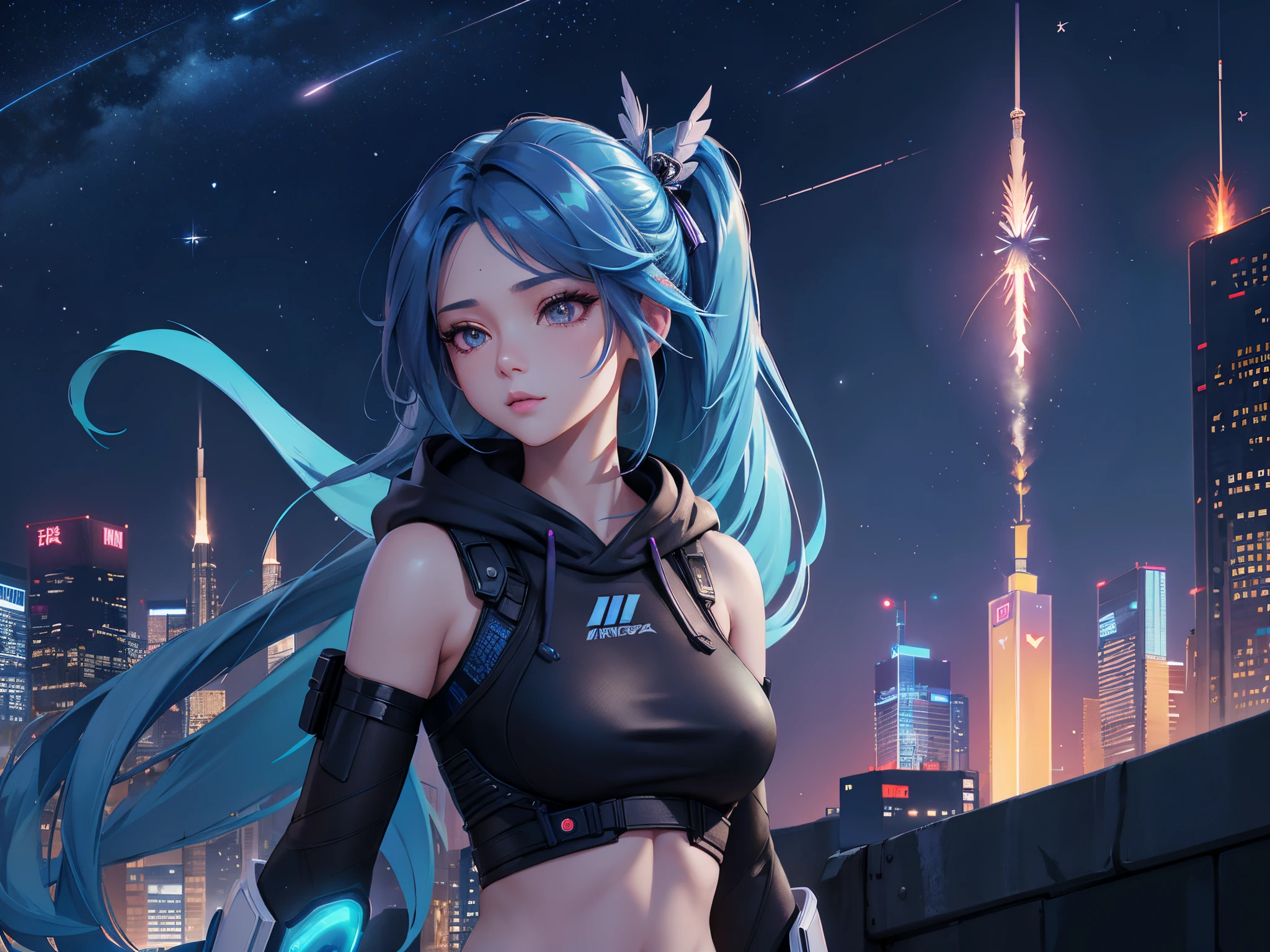 (tmasterpiece), Best quality at best, 超高分辨率,Little girl, Cyberpunk 1girl flies over stunning cityscapes ,hoody,Blue hair,  neon color shooting stars, Very long hair, cropped shoulders, feathers hair ornament, neon colored, twinkle, stunning night sky, 电影灯光, realisticlying, Realistic skin, HighDynamicRange,fish eye