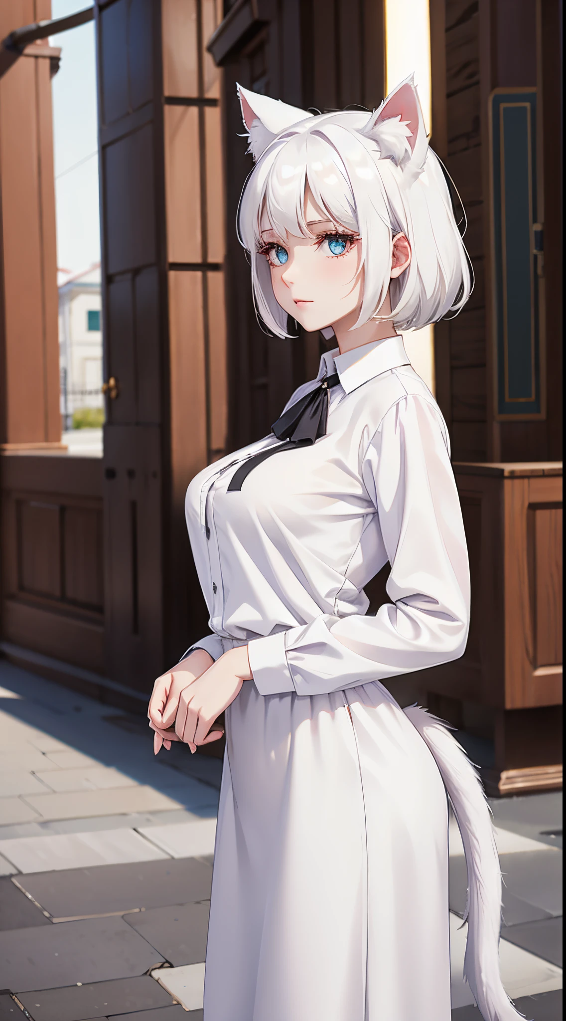 1 sister, It will be, looking at viewert, White hair, Nothing, Cat ears, A cat's tail, white shirt, Open your clothes, russian city, Eight Hundred Sons