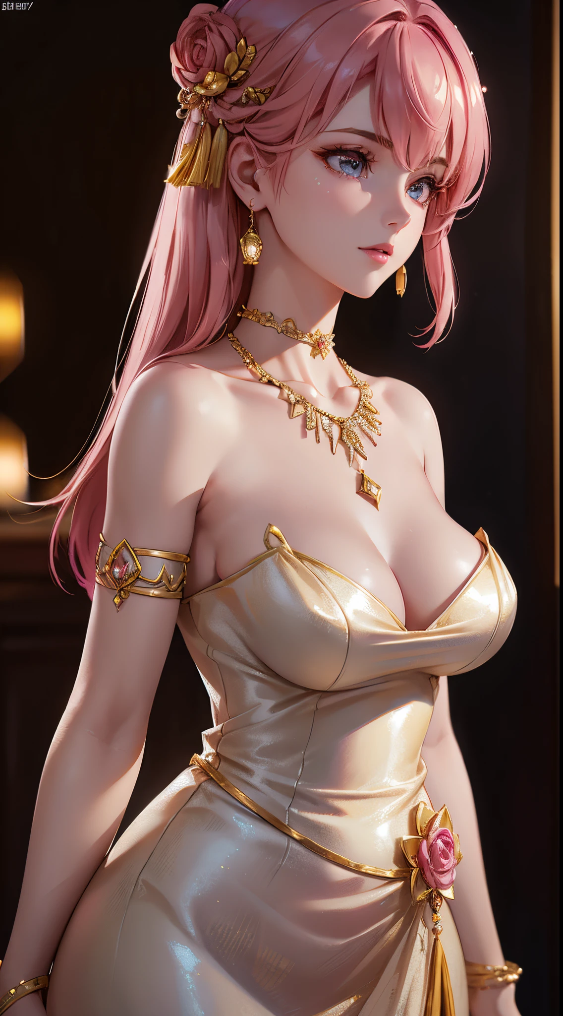 Best quality at best, tmasterpiece, A high resolution, 1个Giant Breast Girl,Chinese dress,hair adornments,choker necklace, jewely,pretty face,above_body, dingdall effect,realisticlying, dark studio, edge lit, two color lights,(highdetailskin:1.2), 8k ultra high definition, SLR camera, gentlesoftlighting, high qulity, Volumetriclighting, Frankness, photore, A high resolution, 4K, 8K, bokeh, with pink hair, ,