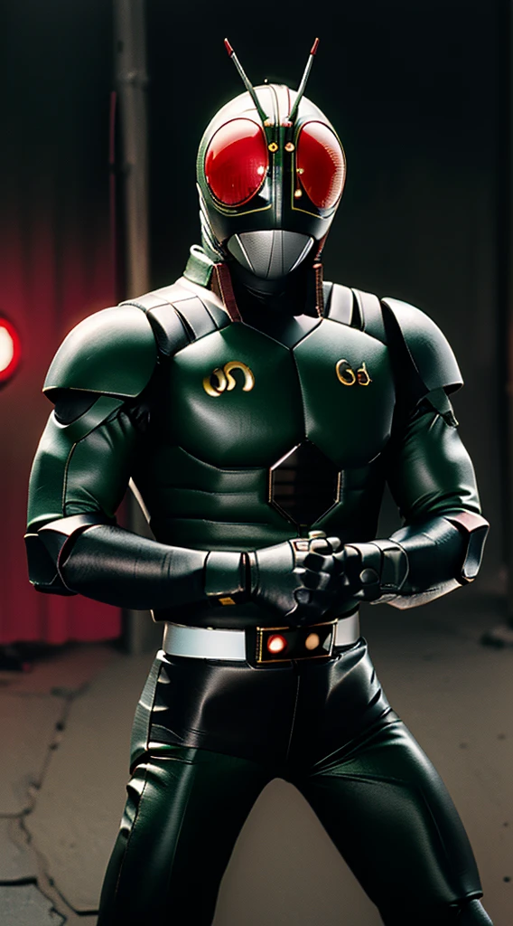 Best image quality, outstanding detail, ultra-high resolution, (realism: 1.4), best illustration, prefer details, Kamen Rider Black RX, dressed in black and green mecha, wearing a mecha helmet, holding a direction controller, riding a red motorcycle, the background is a high-tech lighting scene in Tokyo. dynamism, red helmet,