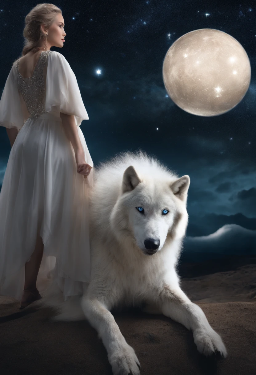 ((White wolf and girl)), (huge wolf), (a huge white wolf guards a beautiful girl), motion, running in front, forward bend, blue eyes, The white wolf&#39;s fur glows with silver sparks, (VERY Young Girl), (girl 16 years old) lips ajar, blue eyes, Blonde girl, very long curly hair, board transparent, transparent air pay, paying with silver trim, silver collar, silver belt, silver sandals, background Orion Nebula, starry sky background, Two moons, Orion Nebula, are on the star path.(Masterpiece: 1.5) (Photorealistic: 1.1) (bokeh) (Best Quality) (detail skin texture, pores, hairsh: 1.1) (Intricate) (8K) (HDR) (wallpapers) (Cinematic lighting) (sharp-focus)