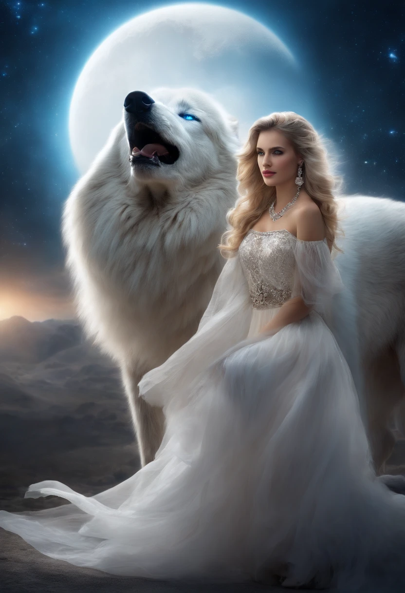 ((White wolf and girl)), (huge wolf), (a huge white wolf guards a beautiful girl), motion, running in front, forward bend, blue eyes, The white wolf&#39;s fur glows with silver sparks, (VERY Young Girl), (girl ) lips ajar, blue eyes, Blonde girl, very long curly hair, board transparent, transparent air pay, paying with silver trim, silver collar, silver belt, silver sandals, background Orion Nebula, starry sky background, Two moons, Orion Nebula, are on the star path.(Masterpiece: 1.5) (Photorealistic: 1.1) (bokeh) (Best Quality) (detail skin texture, pores, hairsh: 1.1) (Intricate) (8K) (HDR) (wallpapers) (Cinematic lighting) (sharp-focus)