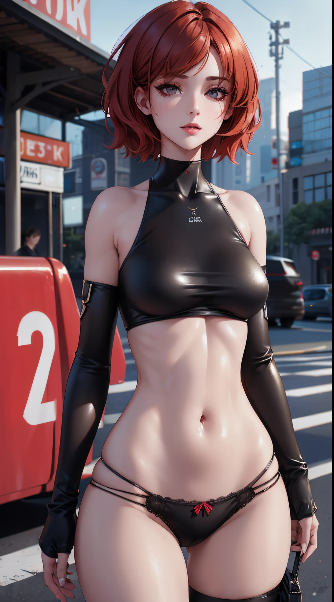 beuaty girl, bust, Bright red messy short hair, black eyeshadows, (street style wear:1.2), ( backdrop:1.2), dark make-up, number art, Hot topics on artstation, The is very detailed, finedetail, iintricate, Beautiful and detailed light, Detailed pubic hair, 电影灯光, A high resolution, detailedfacialfeatures,Focus sharp, smooth private parts, Aesthetic,