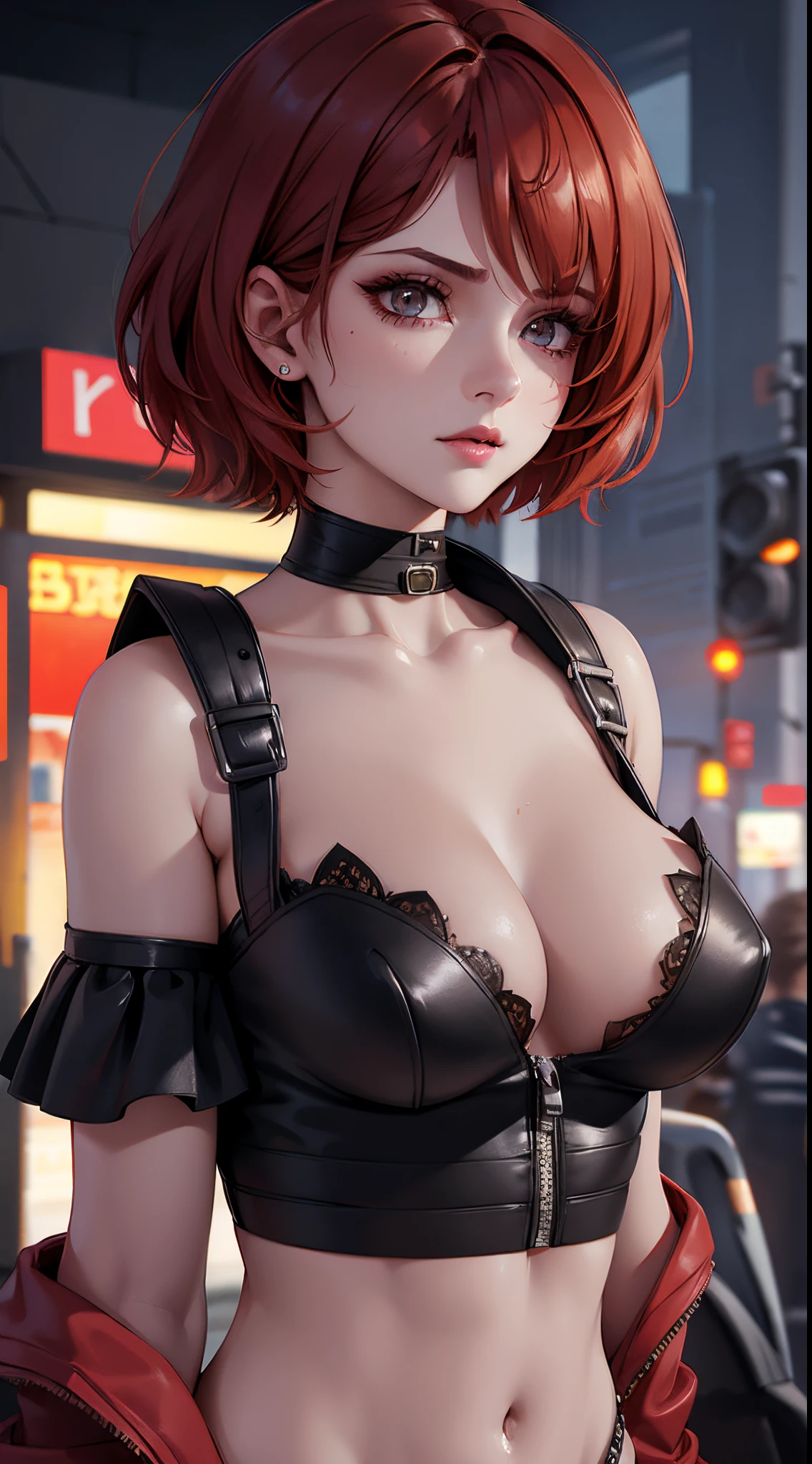 beuaty girl, bust, Bright red messy short hair, black eyeshadows, (street style wear:1.2), ( backdrop:1.2), dark make-up, number art, Hot topics on artstation, The is very detailed, finedetail, iintricate, Beautiful and detailed light, Detailed pubic hair, 电影灯光, A high resolution, detailedfacialfeatures,Focus sharp, smooth private parts, Aesthetic,