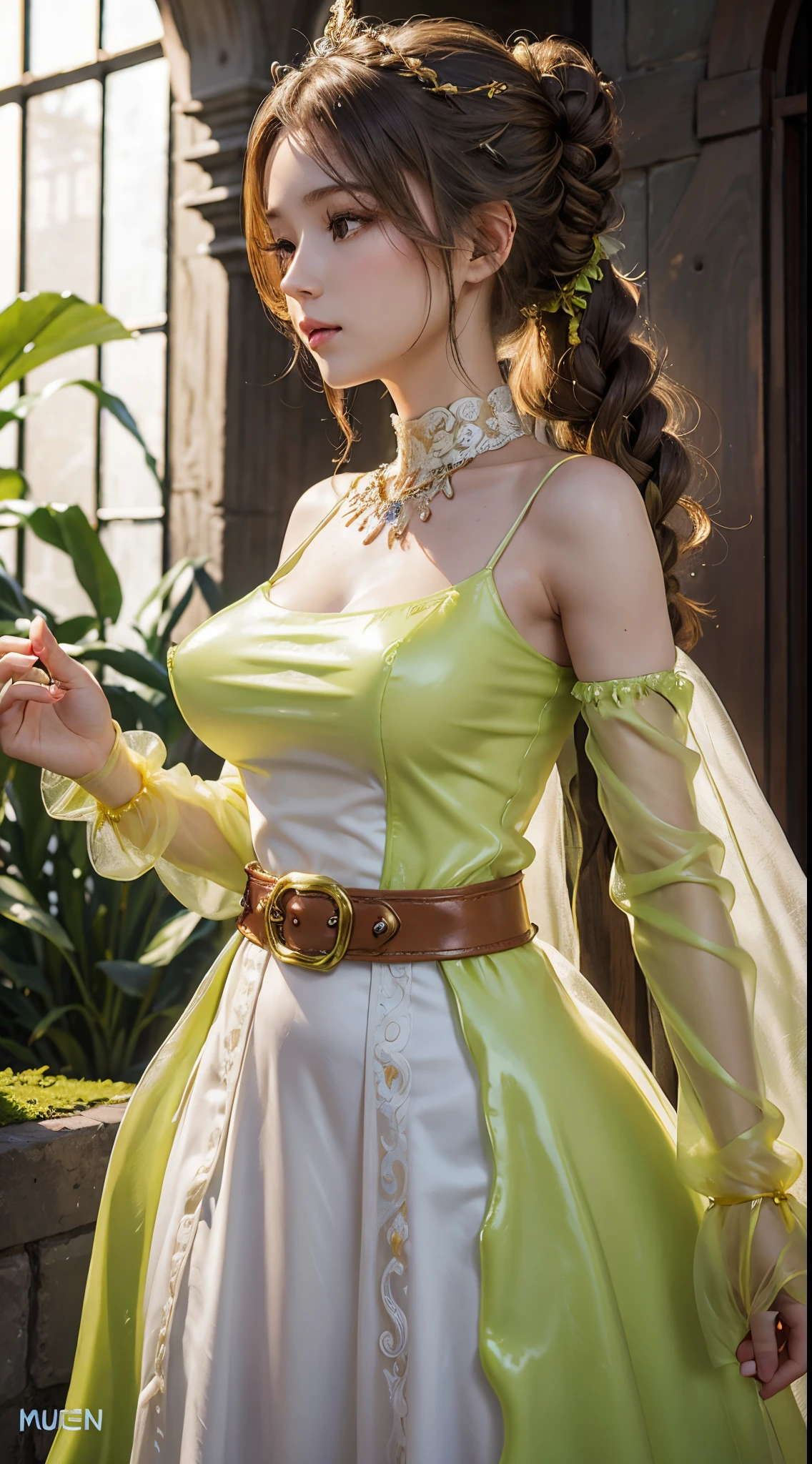 slime girl, (MuCoi), Slime Hair Double Bun Hairstyle, Pumpkin orange, White princess dress with weapon belt, tmasterpiece, Best quality at best