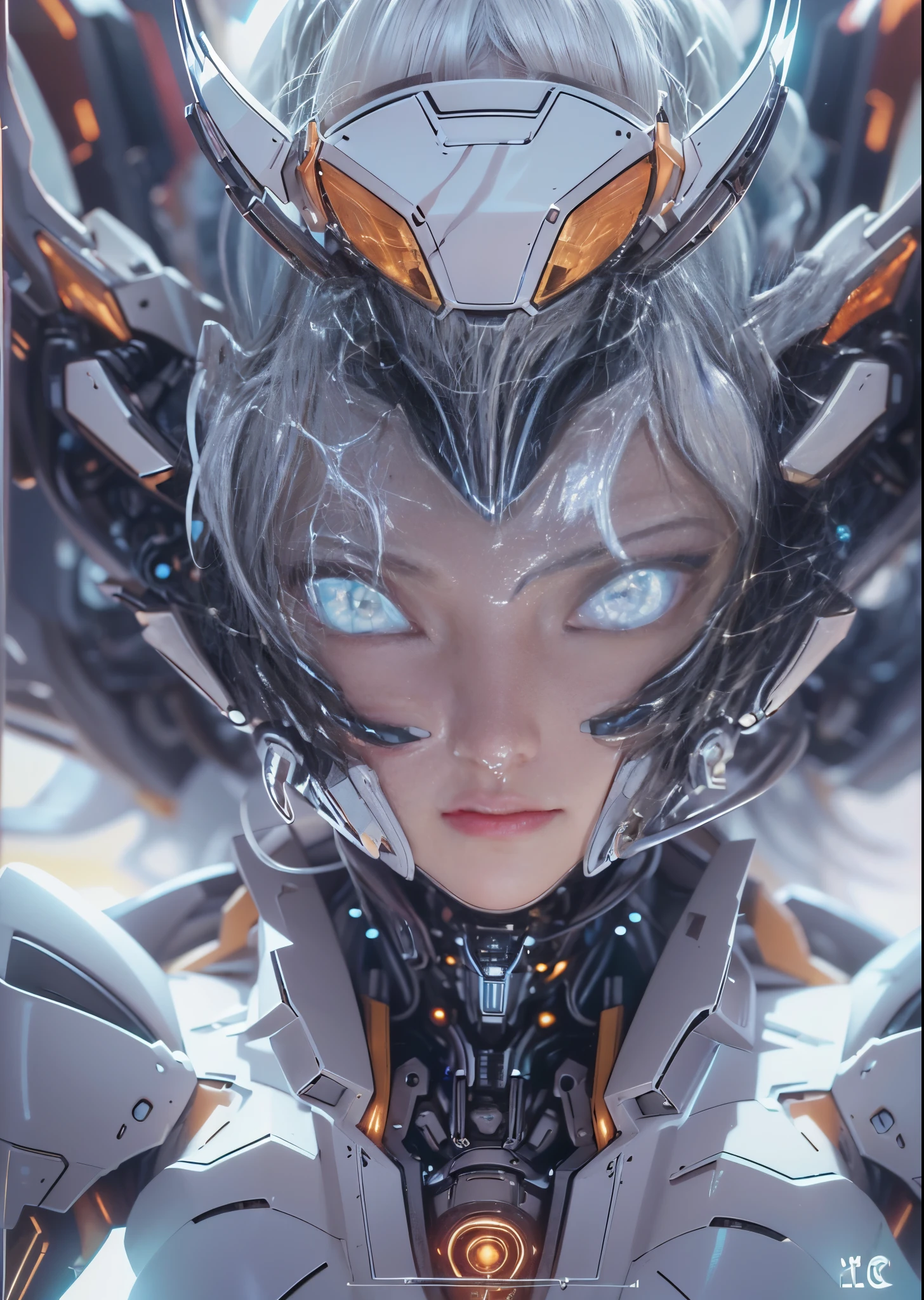 top-quality、masterpiece、超A high resolution、(Photorealsitic:1.4)、Raw photo、Battle Cyborg Angel、large wings made of metal、White porcelain body、Acrylic Clear Cover、white hair、glowy skin、1 Cyborg Girl、((super realistic details))、portlate、globalillumination、Shadow、octan render、8K、ultrasharp、character edge light,Colossal tits、Raw skin is exposed in cleavage、Details of complex ornaments、Double Zeta Gundam details、Hydraulic cylinder、Small LED lamp、highly intricate detail、Realistic light、a purple eye、radiant eyeacing the camera、neon details、cowboy shot、Futuristic headgear、About Cyberpunk、、