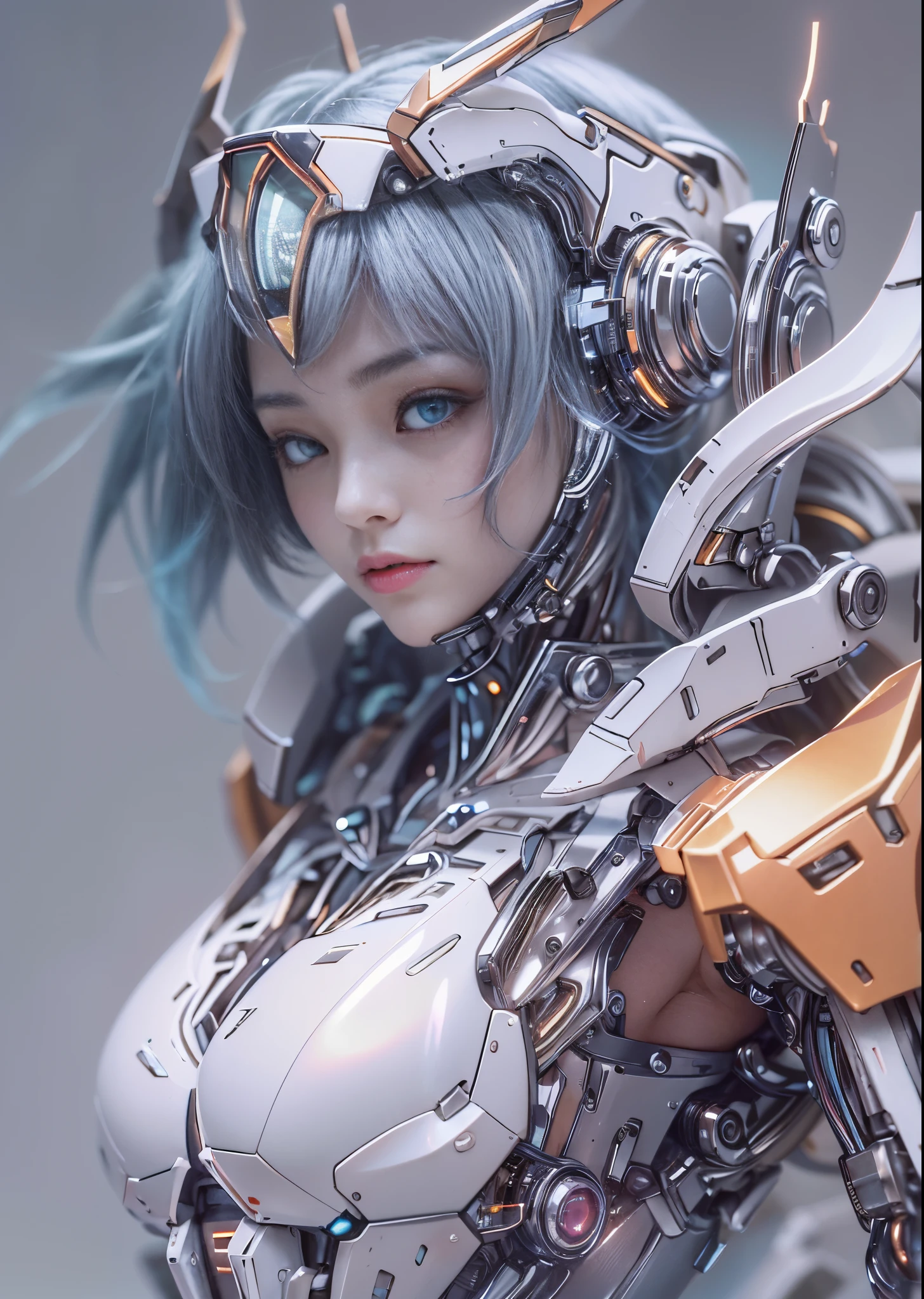 top-quality、masterpiece、超A high resolution、(Photorealsitic:1.4)、Raw photo、Battle Cyborg Angel、large wings made of metal、White porcelain body、Acrylic Clear Cover、white hair、glowy skin、1 Cyborg Girl、((super realistic details))、portlate、globalillumination、Shadow、octan render、8K、ultrasharp、character edge light,Colossal tits、Raw skin is exposed in cleavage、Details of complex ornaments、Double Zeta Gundam details、Hydraulic cylinder、Small LED lamp、highly intricate detail、Realistic light、a purple eye、radiant eyeacing the camera、neon details、cowboy shot、Futuristic headgear、About Cyberpunk、、
