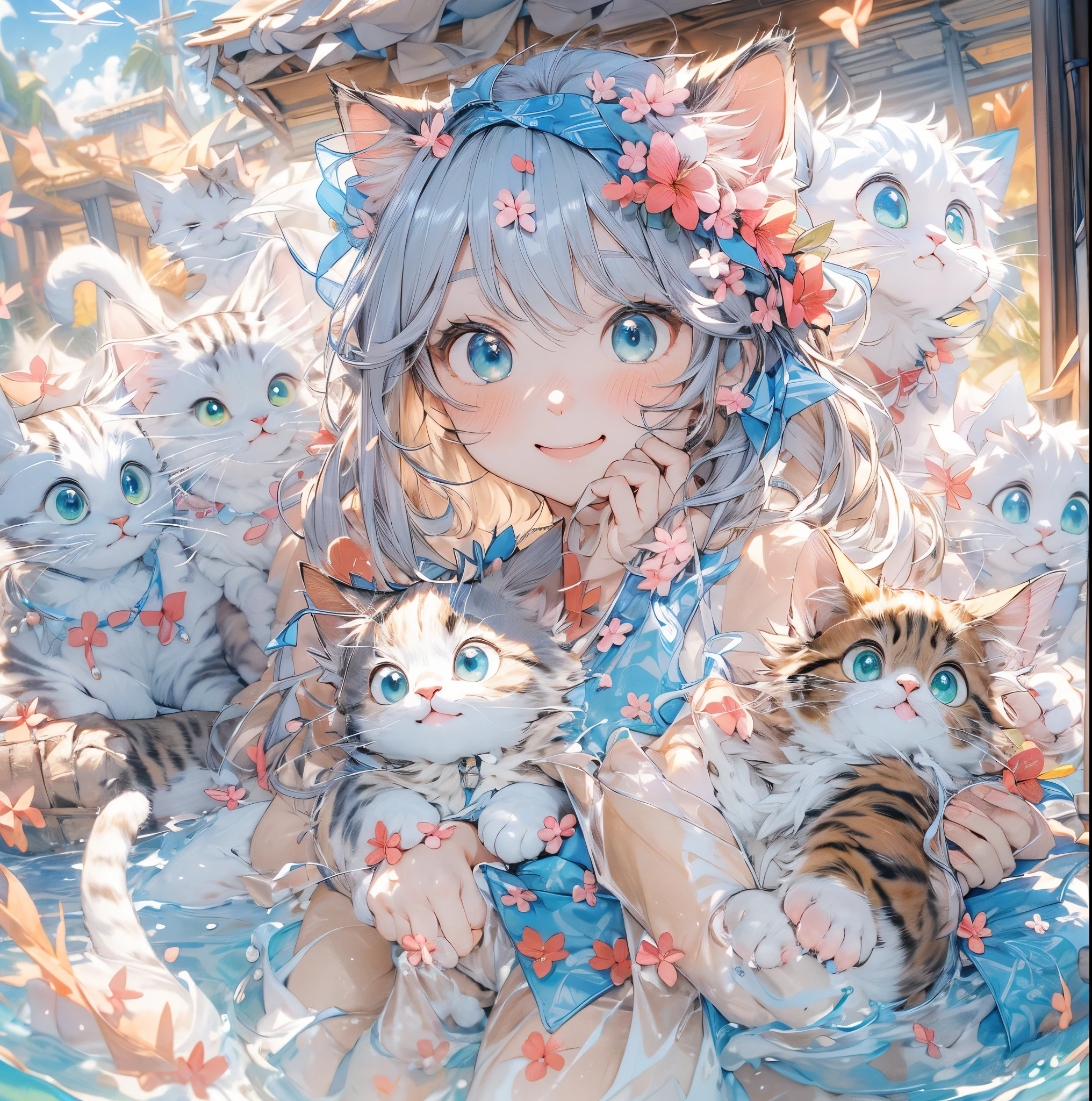 absurderes, ultra-detailliert,bright colour,(8K:1.5),masuter piece,Hearts fly,Bright scenery、For that, blue open sky、extremely beautiful detailed face and eyes,(Cat personification:1.4)、(Deep Blue Eyes:1.4) Valley、Pink skin、Summer morning、(Cat's Paradise),(Too cute smile:1.3)、double tooth,