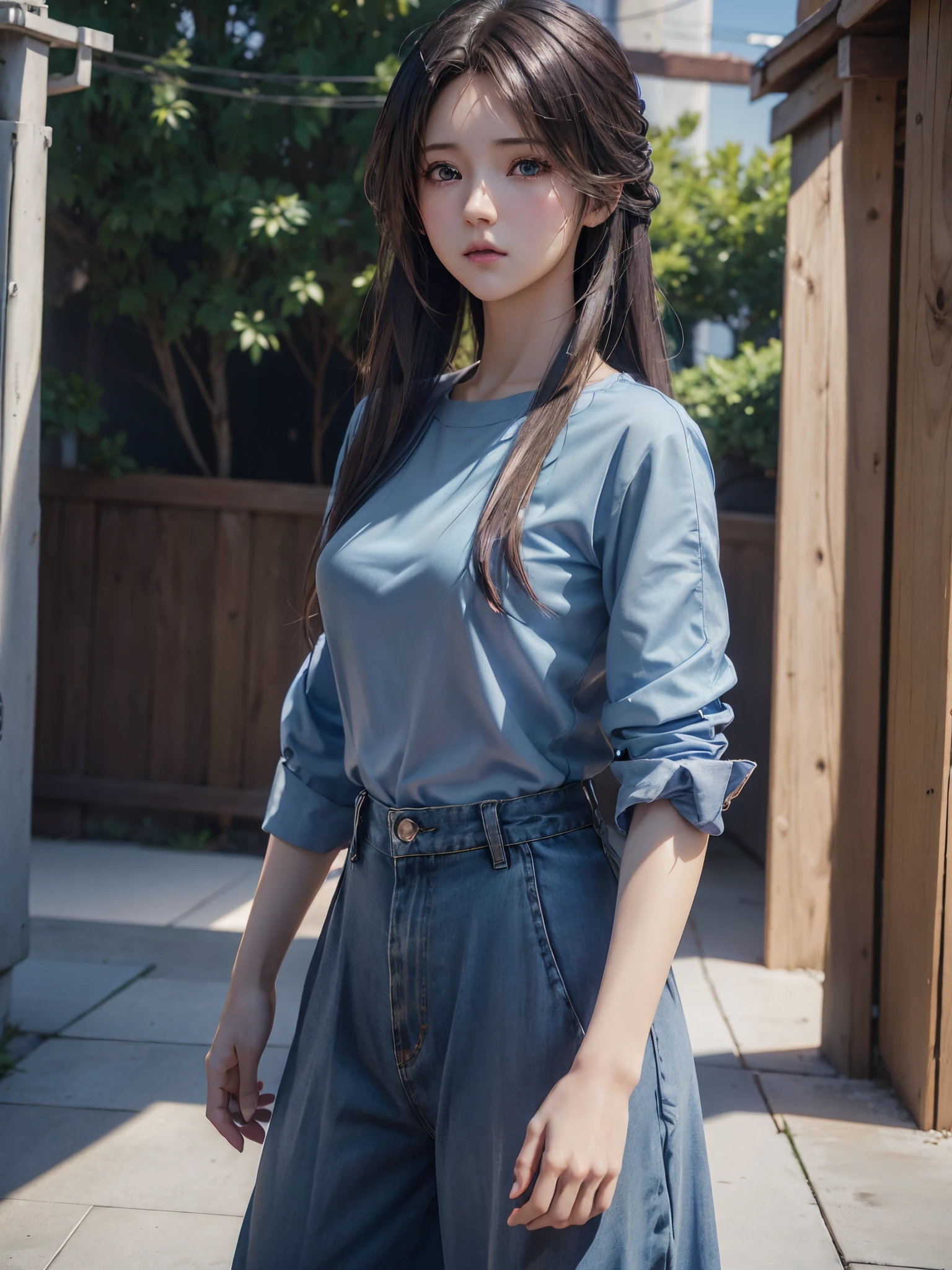 Anime girl with long hair and blue shirt posing for photo, realistic anime 3D style, 3 d anime realistic, photorealistic anime, photorealistic anime girl rendering, smooth anime cg art, Anime style 3D, Realistic anime art style, Anime realistic style, style of anime. 8K, realistic young anime girl, Rendering of a cute 3D anime girl