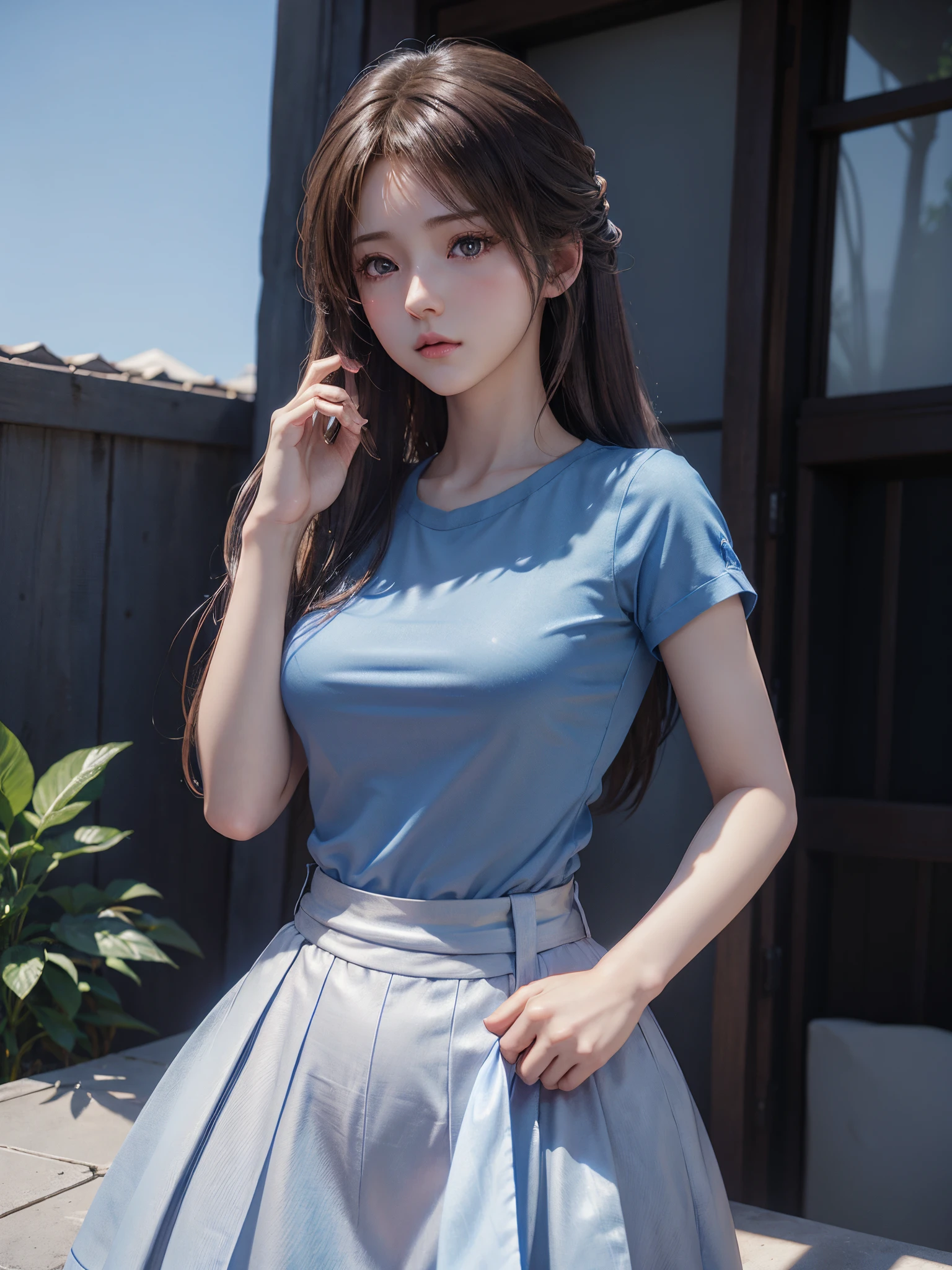 Anime girl with long hair and blue shirt posing for photo, realistic anime 3D style, 3 d anime realistic, photorealistic anime, photorealistic anime girl rendering, smooth anime cg art, Anime style 3D, Realistic anime art style, Anime realistic style, style of anime. 8K, realistic young anime girl, Rendering of a cute 3D anime girl