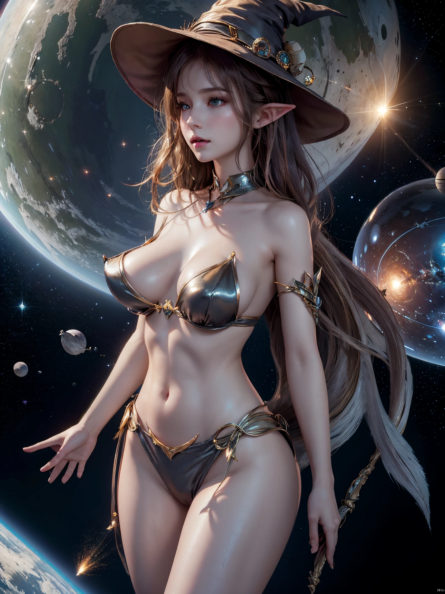 Best quality at best, A high resolution, 1个Giant Breast Girl, the elf, Witch hat, floats in space, energy sphere, Light particles, shinny hair, shining star, fanciful,