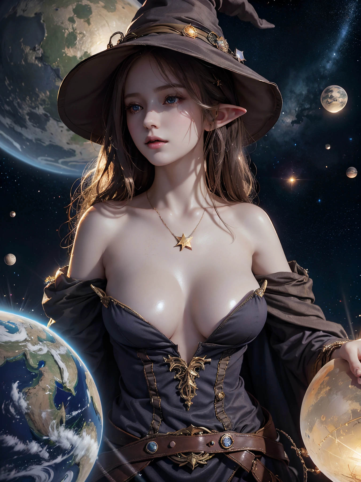 Best quality at best, A high resolution, 1个Giant Breast Girl, the elf, Witch hat, floats in space, energy sphere, Light particles, shinny hair, shining star, fanciful,