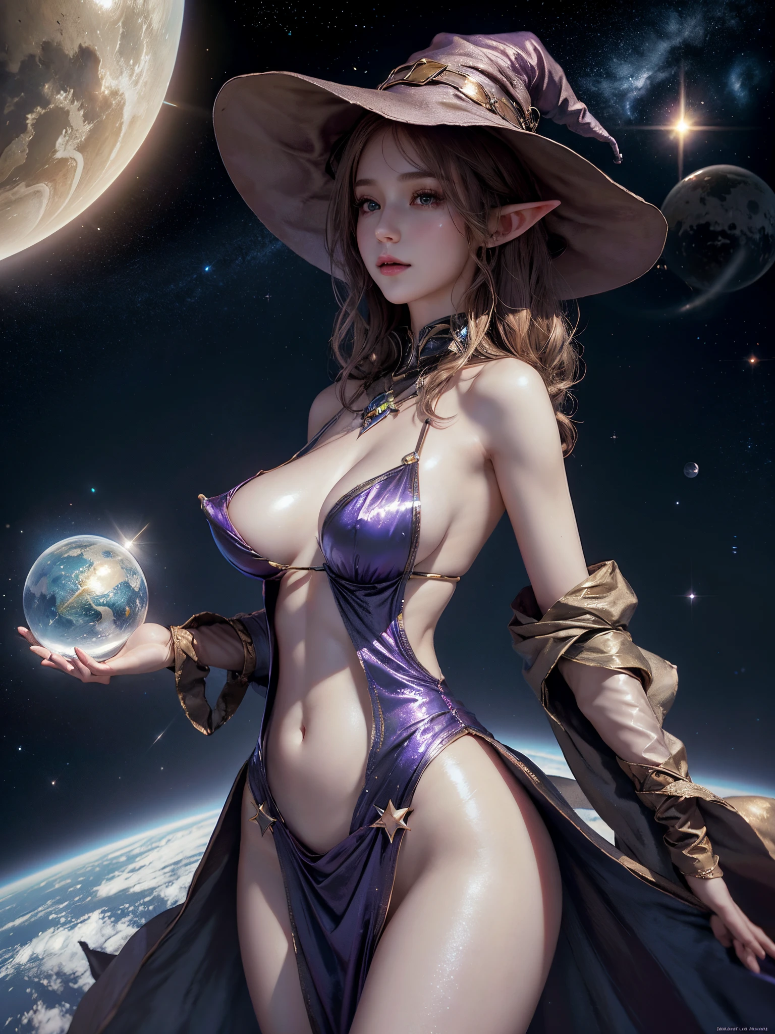 Best quality at best, A high resolution, 1个Giant Breast Girl, the elf, Witch hat, floats in space, energy sphere, Light particles, shinny hair, shining star, fanciful,