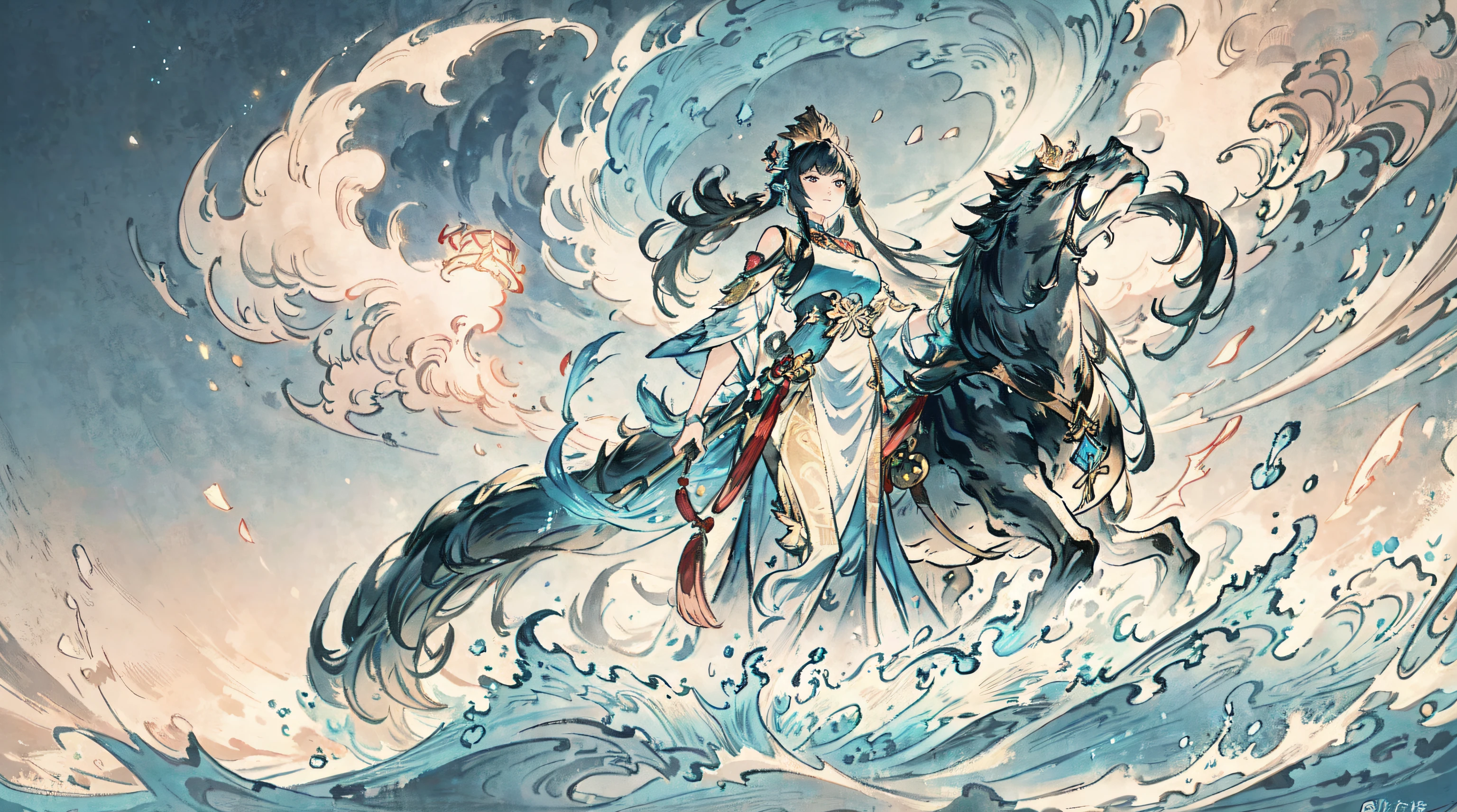 Photos taken from video games,Showing a woman wearing a long dress, shadow poetry style, Shadowverse character concept, ( ( AI Art God King ) ), Queen of the Sea Mu Yanling, shadowverse, author:heroes, Beautiful celestial mage, Starting from the night of the ark, xianxia hero, 《genshin impact》Ke Qingyu, a huge god