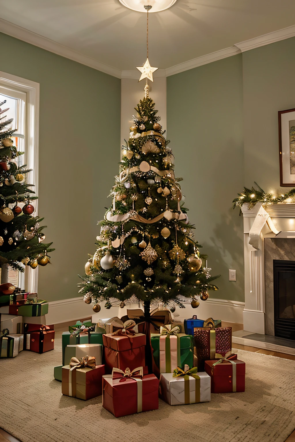 Beautiful Christmas tree with a big, shining star at the top of a cozy room with gifts at the base of the tree, luzes suaves, detalhes em verde, vermelho, ouro, e branco. Minimalista, ultra-detalhado, e imagem realista com texturas e detalhes de alta qualidade, taken by a professional photographer. Perform careful post-production to improve image quality. ajustar cores, Contraste, e nitidez para garantir uma vibrante, clear representation.