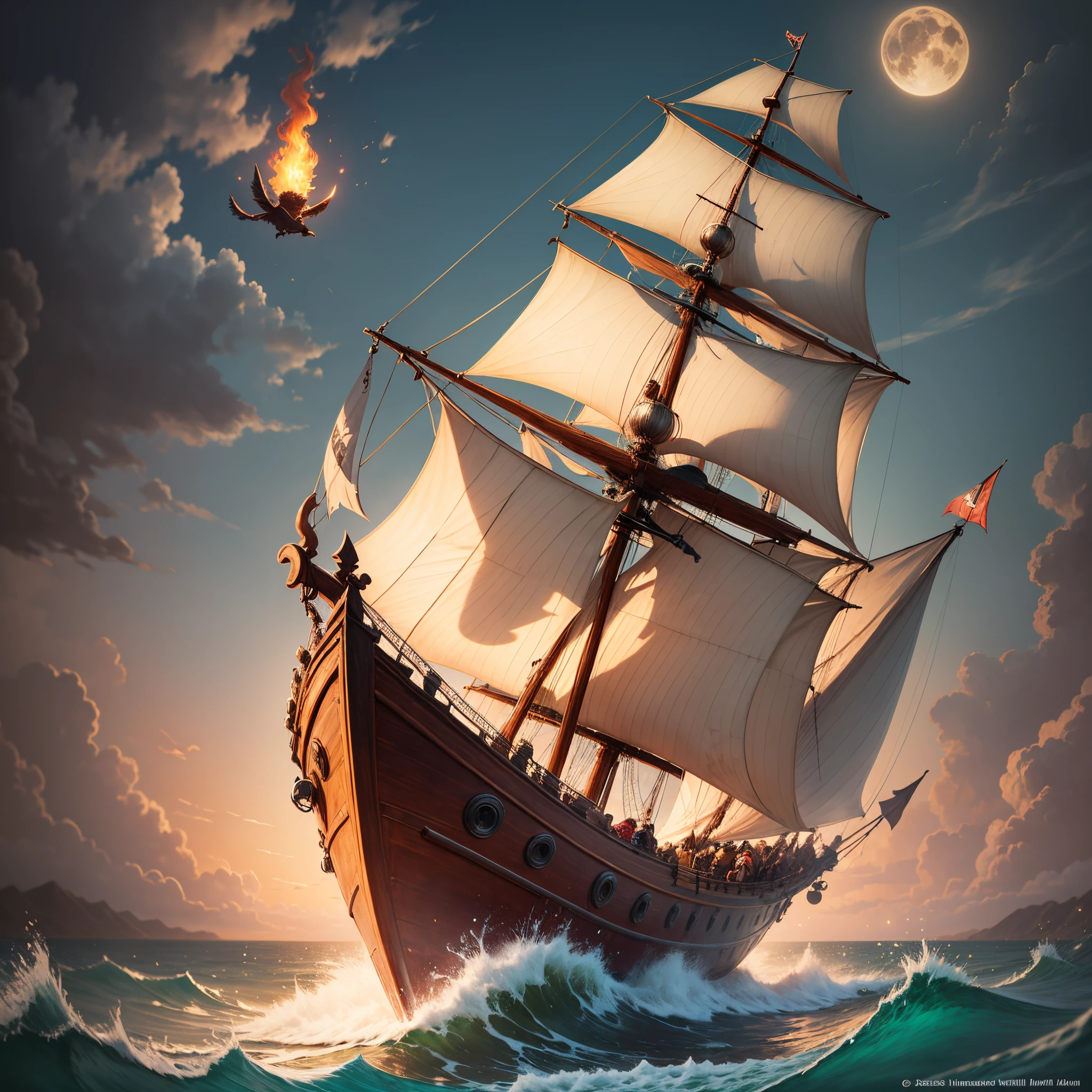 Old pirate sloop with upside down bats as sails, on a midnight ocean close to the shore, lit by the blood moon. --auto --s2