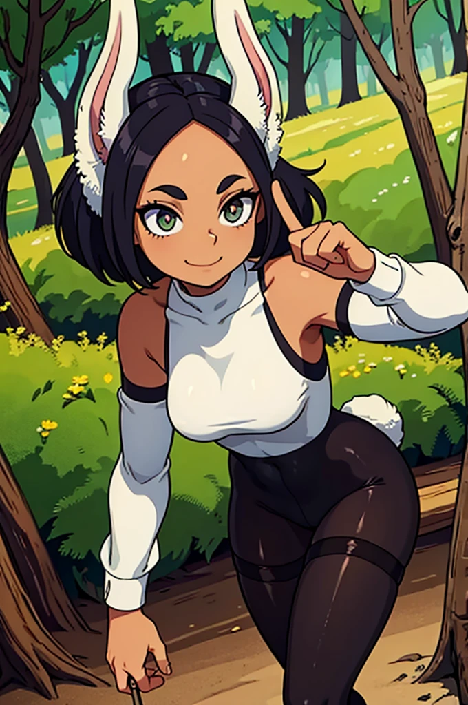 beautiful young woman with bunny ears on her head, com rosto bem detalhado e bonito, belos olhos, belos olhos, rosto lindo, beautiful young woman wearing black tights, sueter apertado branco, short pantyhose, Standing in a forest, usando salto alto, cabelo curto preto, morena,orelhas de gato, belo sorriso, tomboy, morena, um pouco musculosa, saia curta preta apertada nas coxas