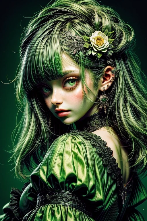3dmm style, (masterpiece, best quality), intricate details, 1girl, solo, green hair, flower hair clip, green dress, looking at viewer,