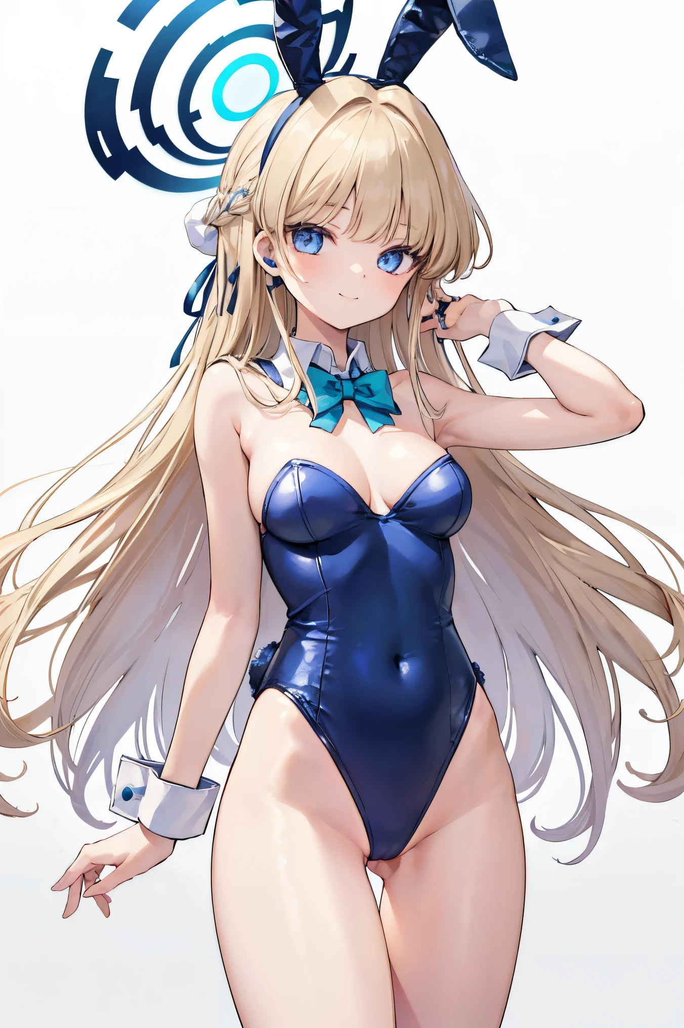 1girl in, Solo, full bodyesbian, Smile, Toki Asuma, Halo, Long hair, bunny, Rabbit ears, Leotard, white thighhig, Wrist cuffs、Simplebackground,White background,