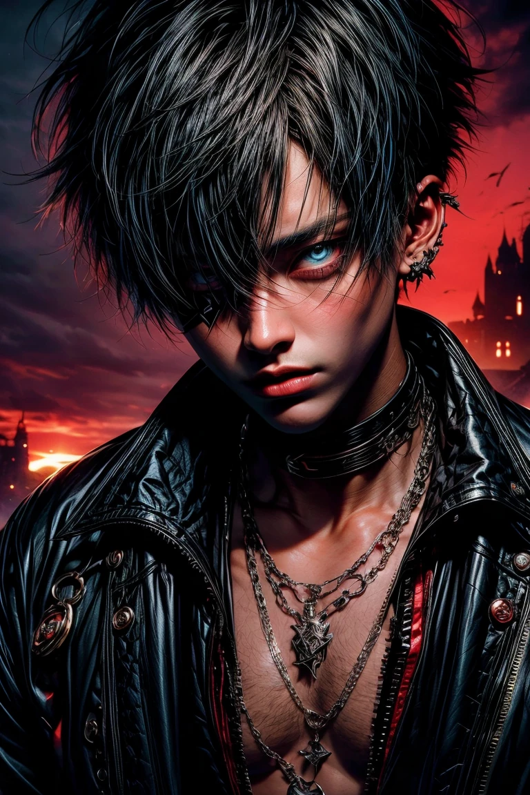 (absurdres, highres, ultra detailed), 1 male, young man, tan skin. eyepatch on right eye, blue hair, dramatic lighting, detailed, masterpiece, standing in front of the castle, sunset light, red and orande sunset tones