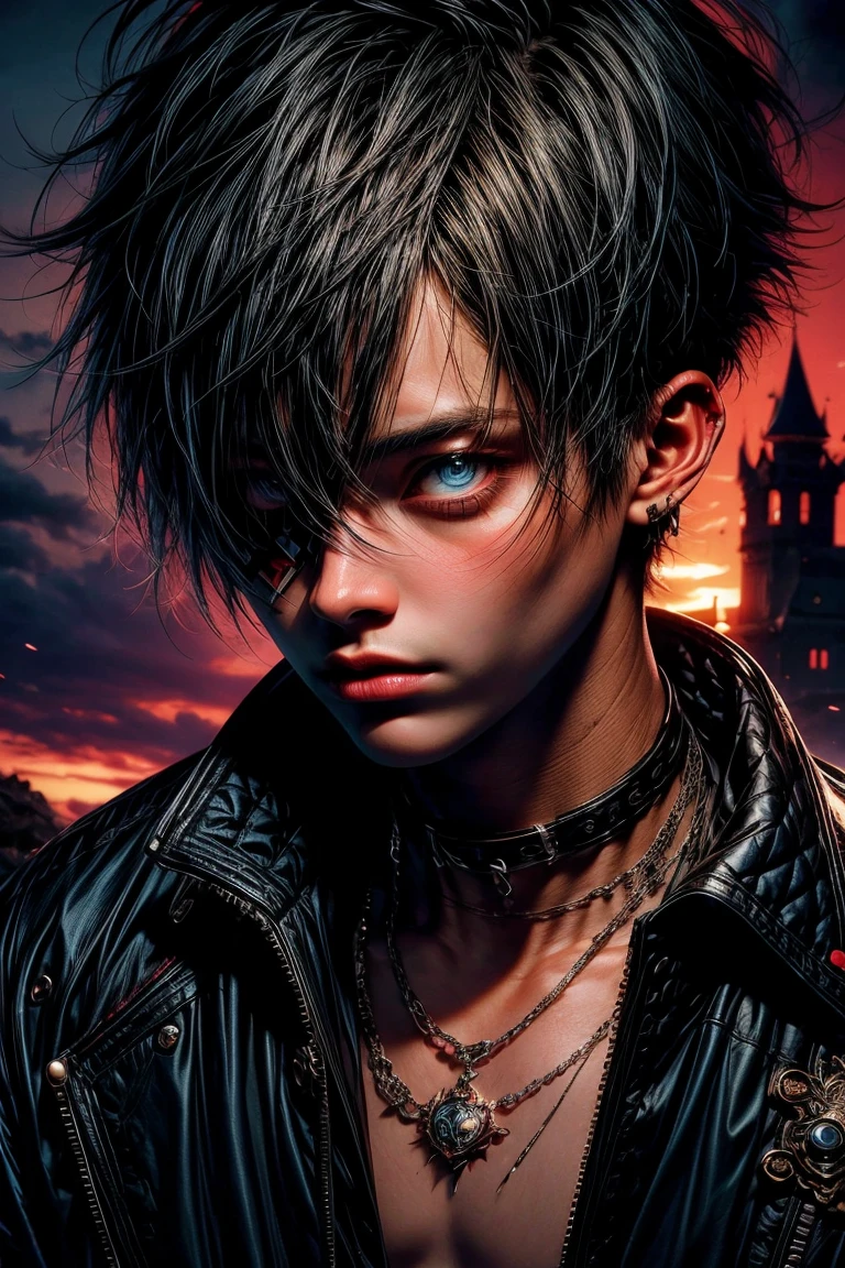 (absurdres, highres, ultra detailed), 1 male, young man, tan skin. eyepatch on right eye, blue hair, dramatic lighting, detailed, masterpiece, standing in front of the castle, sunset light, red and orande sunset tones