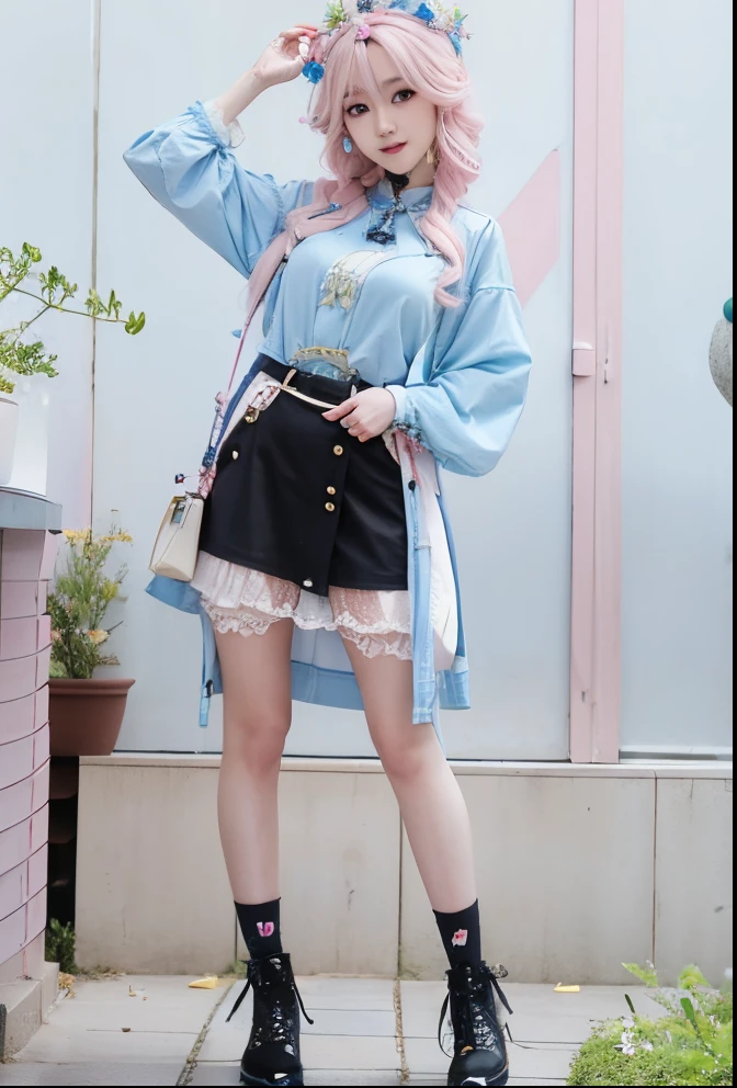 very pink hair:1.5、there is a woman in a costume posing for a picture, Ayaka , Anime Girl , , aqua from konosuba, Anime , inspired by Leng Mei, Kasumi Arimura Style 3/4, costume with blue accents, Photo, azur lane style, sakimichan, Ayaka Genshin Impact, Rin