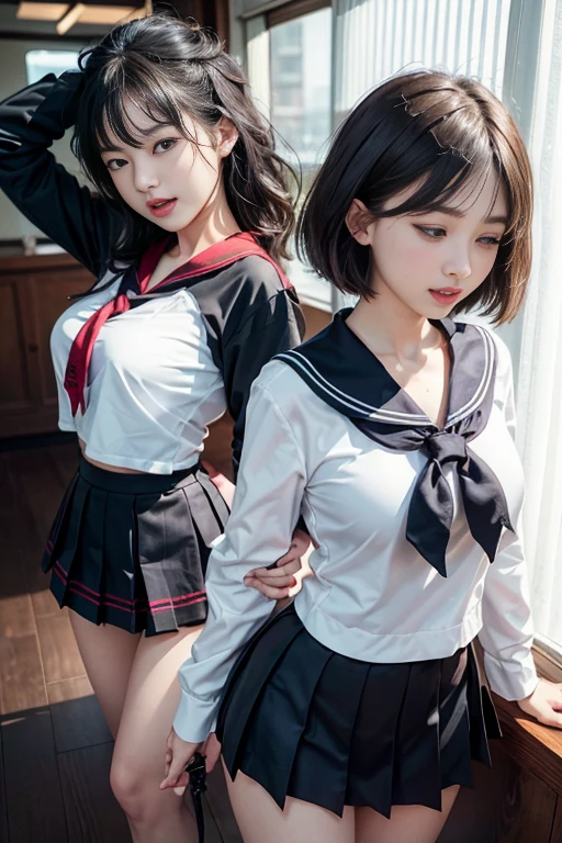 (top-quality、in 8K、32K、​masterpiece、nffsw、超A high resolution、Impresionismo、Photorealsitic:1.2)、Colossal tits、cowboy  shot, detailed faces and eyes、 Inside the classroom、Schools、Evening glow、beauitful face、blurry backround、16-year-old beautiful girl、shinny skin、short-hair、Beautiful black hair、Red Eyes、(Katyusha:1.2)、a sailor suit、Pleated miniskirt、Curve、dynamicposes、Smile with open mouth、Two girls、Same uniform、Both of them had three of the molester&#39;s fingers inserted into their pussies that had been coated with a powerful aphrodisiac, and both of them closed their eyes as their faces turned crimson to the point where even their ears seemed abnormal.『feels good〜　more　more　Ikiso　orgasm　orgasm　I'll go〜』They both screamed out and reached a violent climax at the same time.