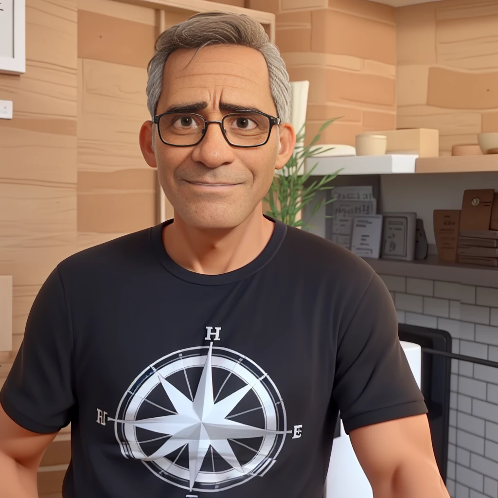 light brown man, 55 years old, with expressive lines on his face, gray hair, black eyebrow, square glasses