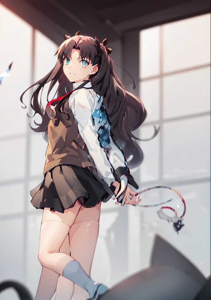 masterpiece, top-quality, perfect hand, Perfect fingers, 1girl in, tohsaka-rin, 独奏, The long-haired, thighs thighs thighs thighs, Black skirt, blue eyess, twosideup, A dark-haired, Black stockings, Red Turtleneck Shirt, fold hands behind, Look at viewers