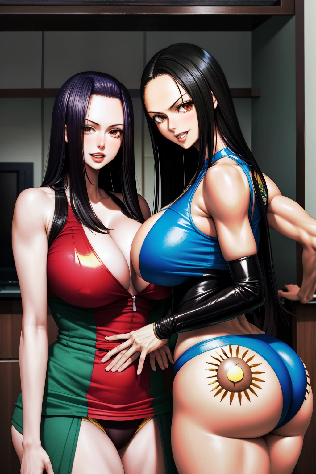 masterpiece, high quality, 2 girls, mature women, upper body, tall females, raping, sex, lesbian, futanari, female on futa, big tits, big ass, curvy body, boa hancock, latex, nico robin, one piece, anime, doggie style, perky nipples